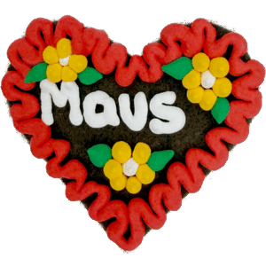 Original Münchner Filzherz "Maus" - erdbeerroter Rand, gelbe Blumen
