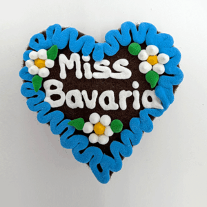 Original Münchner Wiesn-Filzherz "Miss Bavaria" - himmelblauer Rand, weiße Blumen