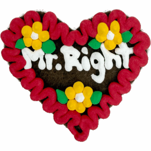 Original Münchner Filzherz "Mr. Right" - rubinroter Rand, gelbe Blumen