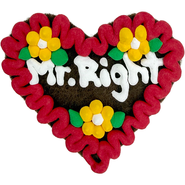 Original Münchner Filzherz "Mr. Right" - rubinroter Rand, gelbe Blumen