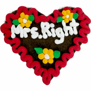 Original Münchner Filzherz "Mrs. Right" - rubinroter Rand, gelbe Blumen