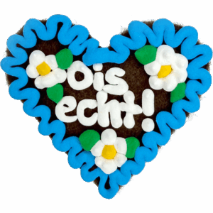 Original Münchner Filzherz "Ois echt!" - himmelblauer Rand, weiße Blumen