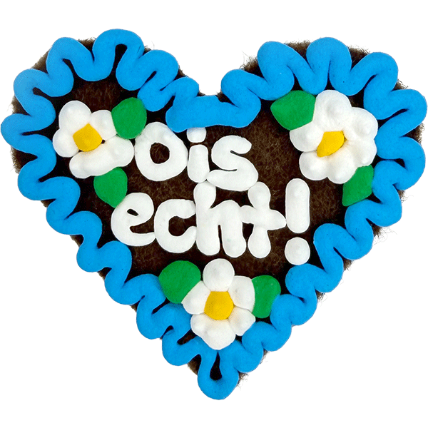 Original Münchner Filzherz "Ois echt!" - himmelblauer Rand, weiße Blumen
