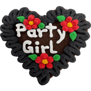 Original Münchner Filzherz "Party Girl" - schwarzer Rand, erdbeerrote Blumen