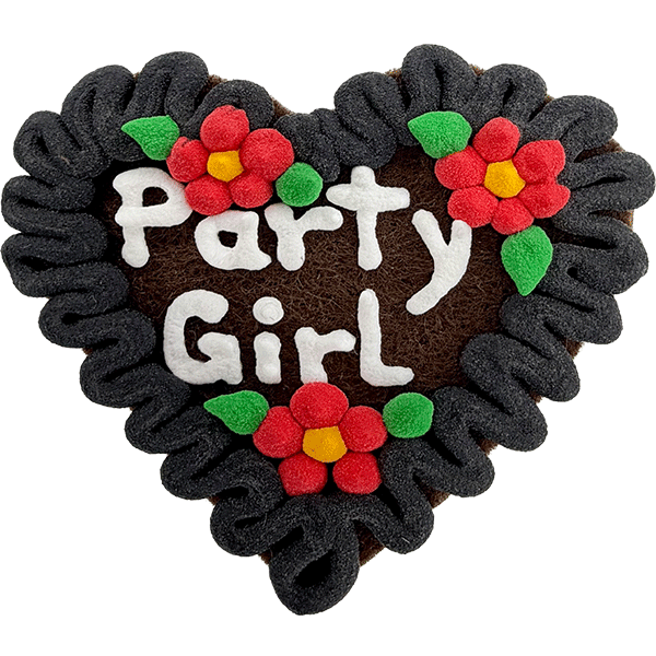 Original Münchner Filzherz "Party Girl" - schwarzer Rand, erdbeerrote Blumen