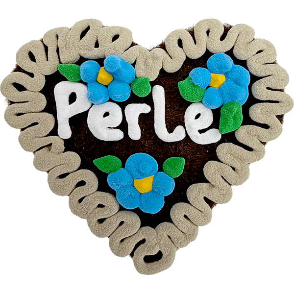 Original Münchner Filzherz "Perle" - beiger Rand, himmelblaue Blumen