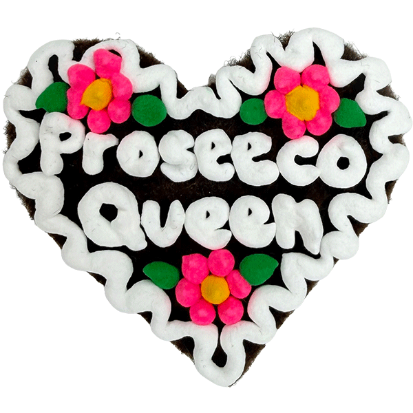 Original Münchner Filzherz "Prosecco Queen" - weißer Rand, pinke Blumen