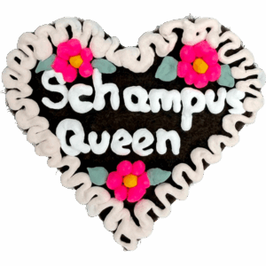 Original Münchner Filzherz "Schampus Queen" - hellrosa Rand, pinke Blumen