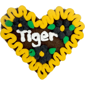 Original Münchner Filzherz "Tiger" - gelber Rand, schwarze Blumen