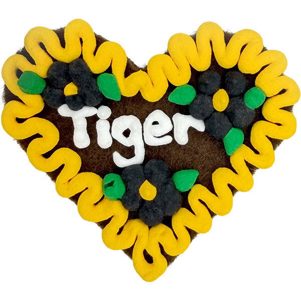 Original Münchner Filzherz "Tiger" - gelber Rand, schwarze Blumen