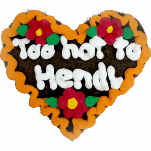 Original Münchner Filzherz "Too hot to Hendl" - oranger Rand, rubinrote Blumen