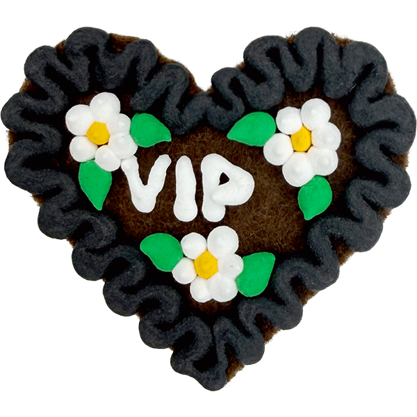 Original Münchner Filzherz "VIP" - schwarzer Rand, weiße Blumen