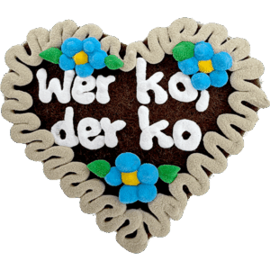 Original Münchner Filzherz "Wer ko, der ko" - beiger Rand, himmelblaue Blumen