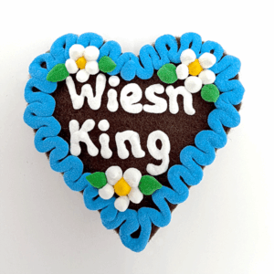 Original Münchner Wiesn-Filzherz "Wiesn King" - himmelblauer Rand, weiße Blumen