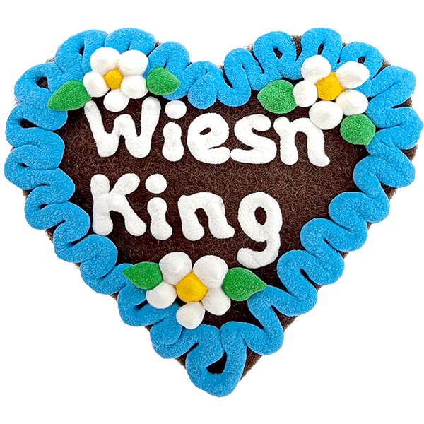 Original Münchner Filzherz "Wiesn King" - himmelblauer Rand, weiße Blumen