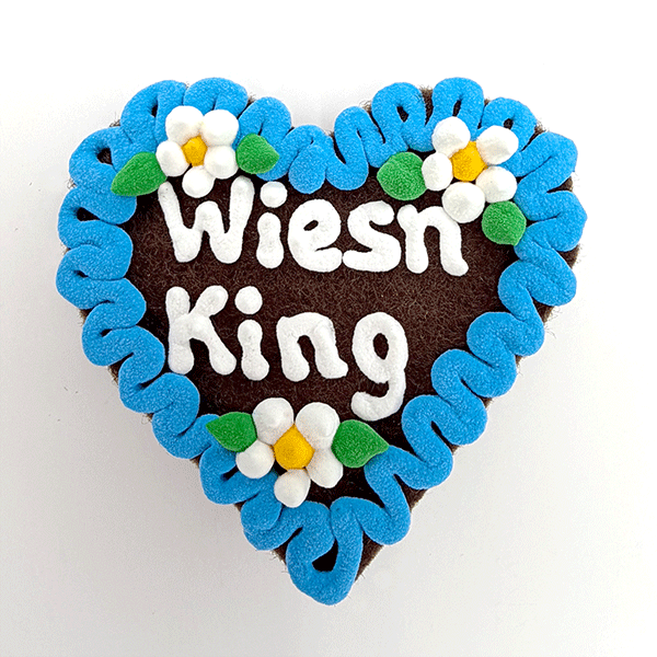 Original Münchner Wiesn-Filzherz "Wiesn King" - himmelblauer Rand, weiße Blumen