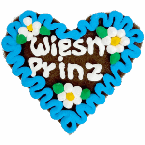 Original Münchner Filzherz "Wiesn Prinz" - himmelblauer Rand, weiße Blumen