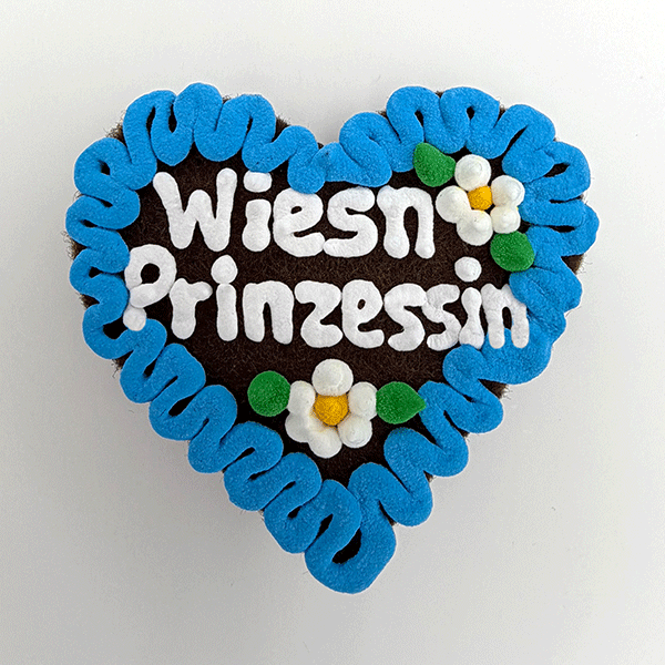 Original Münchner Wiesn-Filzherz "Wiesn Prinzessin" - himmelblauer Rand, weiße Blumen