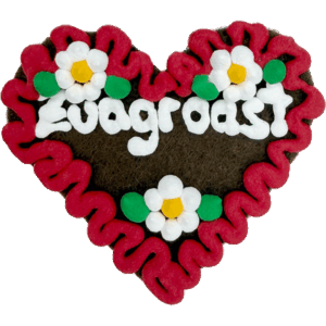 Original Münchner Filzherz "Zuagroast" - rubinroter Rand, weiße Blumen