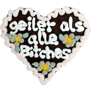 Original Münchner Wiesn-Filzherz "geiler als alle Bitches" - hellrosa Rand, beige Blumen