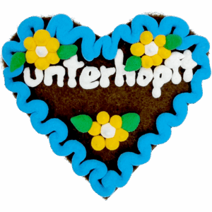Original Münchner Filzherz "unterhopft" - himmelblauer Rand, gelbe Blumen
